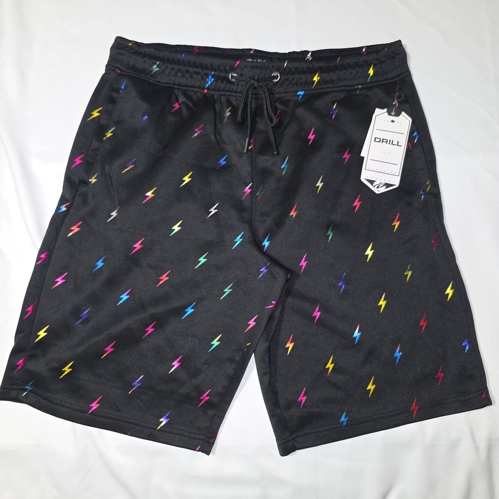 Drill NYC Black Thunderbolt Mens Shorts NWT MSRP $68 size M Medium Drawstring